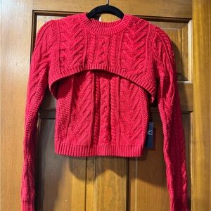 Red Cable Knit Cropped Sweater with Unique Overlay Design